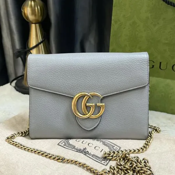 Túi Đeo Chéo Nữ Gucci GG Marmont Chain Wallet Leather Mini Màu Xám