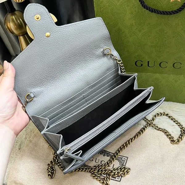 Túi Đeo Chéo Nữ Gucci GG Marmont Chain Wallet Leather Mini Màu Xám