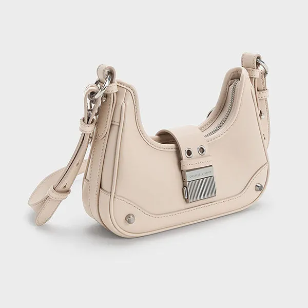 Túi Đeo Vai Nữ Charles & Keith CNK Winslet Belted Hobo Bag Oat 40271053 Màu Xám Trắng
