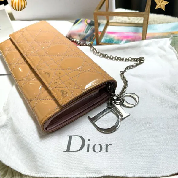 Túi Đeo Vai Nữ Dior Beige Cannage Patent Leather Lady Wallet Woc Màu Be