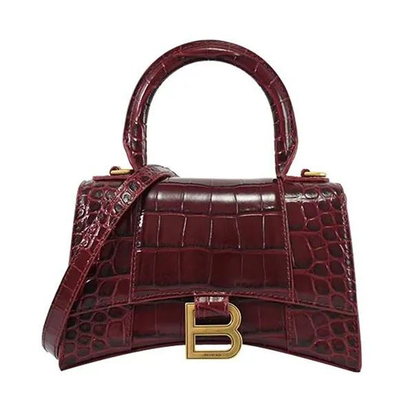 Túi Xách Nữ Balenciaga Hourglass XS Crocodile Pattern Bag Burgundy Màu Đỏ Mận