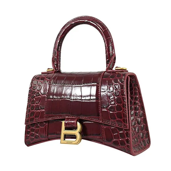 Túi Xách Nữ Balenciaga Hourglass XS Crocodile Pattern Bag Burgundy Màu Đỏ Mận