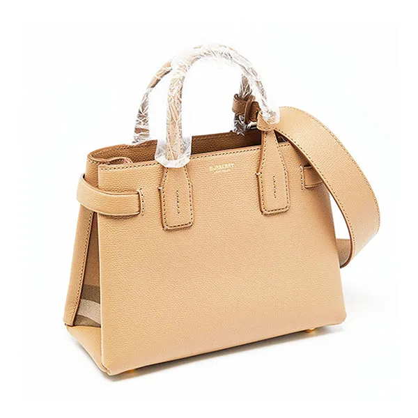 Túi Xách Nữ Burberry Beige Leather and House Check Fabric Small Banner Derby Màu Be