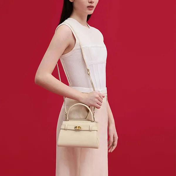 Túi Xách Nữ Charles & Keith CNK Aubrielle Metallic-Buckle Top Handle Bag 50270880 Oat Màu Be