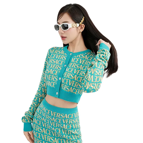 Áo Cadigan Nữ Versace All Over Turquoise 1010963 1A07960 5V540 Màu Xanh Phối Vàng
