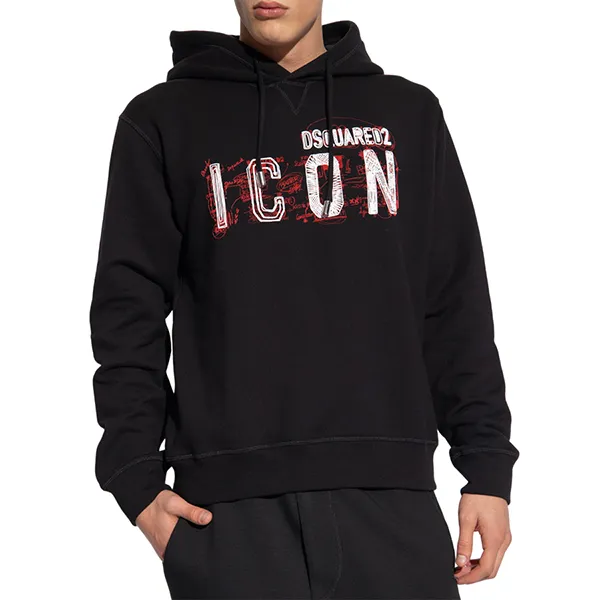 Áo Hoodie Nam Dsquared2 Black With ICON Logo Printed S79GU0113 S25516 900 Màu Đen