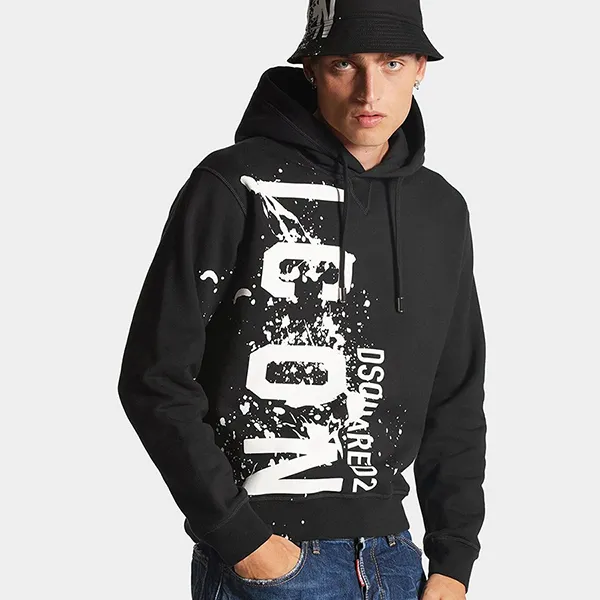 Áo Hoodie Nam Dsquared2 Black With ICON SPLASH Logo Printed S79GU0115 S25516 900 Màu Đen Size S