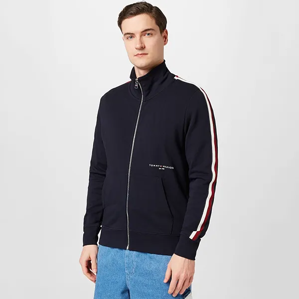 Áo Khoác Nam Tommy Hilfiger Logo-Print Cotton Bomber Jacket Màu Xanh Navy Size S