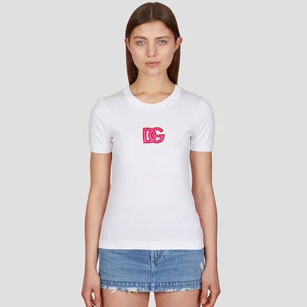 Áo Phông Nữ Dolce & Gabbana D&G White With DG Logo Embroidered Tshirt F8N08Z GDCCF W0800 Màu Trắng