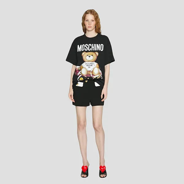 Áo Phông Nữ Moschino Black With Teddy Bear Logo Printed Tshirt 232E V070155411555 Màu Đen