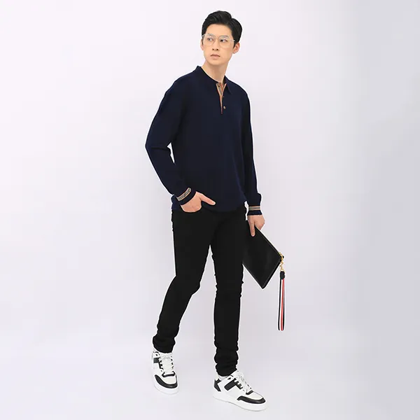 Áo Polo Dài Tay Nam Burberry With Striped Vintage Check Motif 8045520 Màu Xanh Navy Size M - Thời trang - Vua Hàng Hiệu