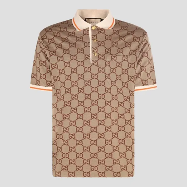 Áo Polo Nam Gucci Beige With GG Logo Printed 742384XJFGU2270 Màu Nâu Be Size M