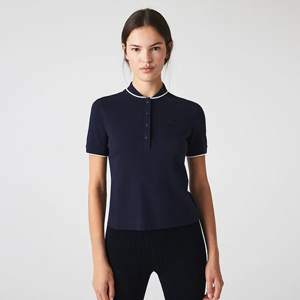 Áo Polo Nữ Lacoste Women's Lacoste Slim Fit Striped Collar Flowy Piqué Shirt PF9203 Màu Navy Size 38 - 1
