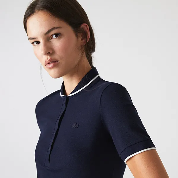 Áo Polo Nữ Lacoste Women's Lacoste Slim Fit Striped Collar Flowy Piqué Shirt PF9203 Màu Navy Size 38 - 4