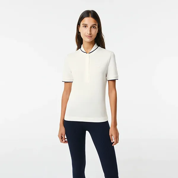 Áo Polo Nữ Lacoste Women's Lacoste Slim Fit Striped Collar Flowy Piqué Shirt PF9203 Màu Trắng Size 38 - 1