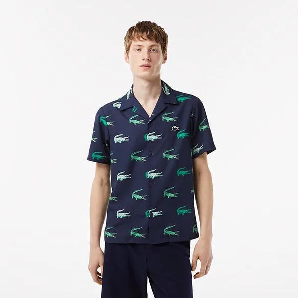 Áo Sơ Mi Cộc Tay Nam Lacoste Golf Printed Short-Sleeved Shirt CH5619-00 Màu Xanh Navy Size 37