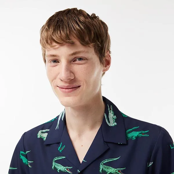 Áo Sơ Mi Cộc Tay Nam Lacoste Golf Printed Short-Sleeved Shirt CH5619-00 Màu Xanh Navy Size 37