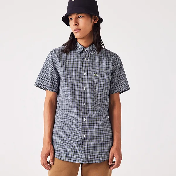 Áo Sơ Mi Cộc Tay Nam Lacoste Regular Fit Gingham Print CH2765-TAV Màu Kẻ Xanh Size 41