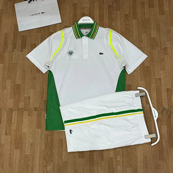 Bộ Quần Áo Cộc Tay Nam Lacoste x Roland-Garros Team Sport Contrast Bands Lightweight Màu Trắng Size 4