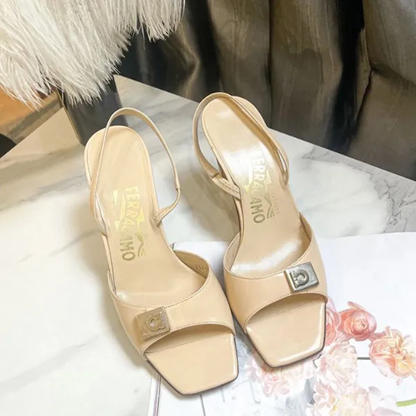 Dép Cao Gót Nữ Salvatore Ferragamo Gacini Buckle Sandal Heel Slingback Open Toe Màu Be Size 37