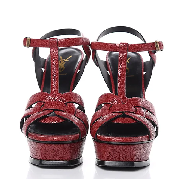 Dép Cao Gót Nữ Yves Saint Laurent YSL Tribute Pebbled Platform Sandals Màu Đỏ Size 36 - Dép - Vua Hàng Hiệu