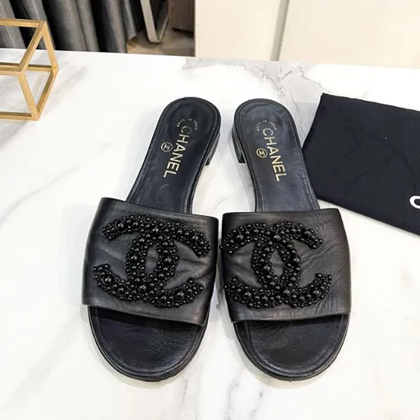 Dép Nữ Chanel Lambskin Beaded CC Mules Sandals Màu Đen Size 38 - Dép - Vua Hàng Hiệu