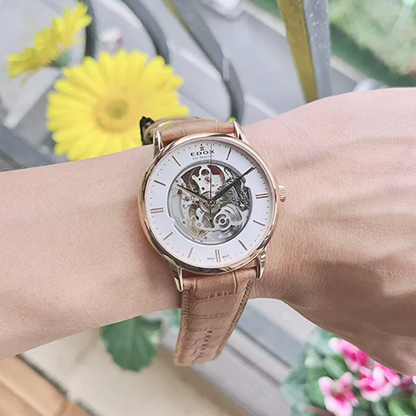 Đồng Hồ Nam Edox Les Bemonts Automatic Skeleton 85300-37R-AIR Màu Nâu Trắng