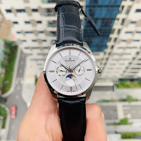 Đồng Hồ Nam Edox Les Vauberts Moonphase Quartz 40008-3-AIN Màu Trắng Đen