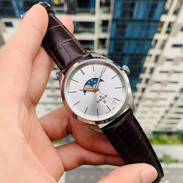Đồng Hồ Nam Edox Moonphase Quartz 79018-3-AIR Màu Nâu Trắng D-Tp
