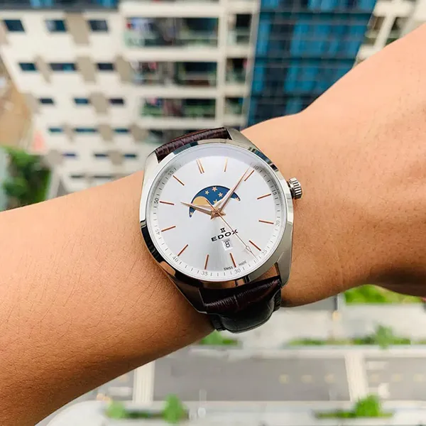 Đồng Hồ Nam Edox Moonphase Quartz 79018-3-AIR Màu Nâu Trắng D-Tp