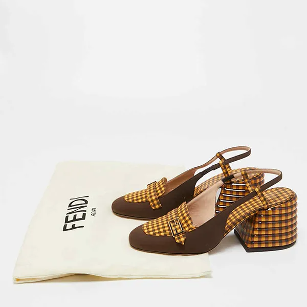 Giày Cao Gót Nữ Fendi Yellow/Brown Checkered Fabric Promenade Slingback Loafer Pumps Màu Nâu Vàng Size 36.5 - Giày - Vua Hàng Hiệu