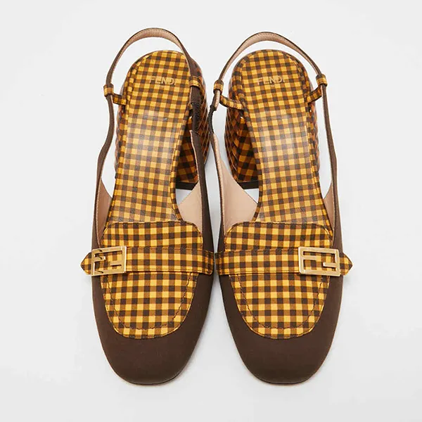 Giày Cao Gót Nữ Fendi Yellow/Brown Checkered Fabric Promenade Slingback Loafer Pumps Màu Nâu Vàng Size 36.5 - Giày - Vua Hàng Hiệu