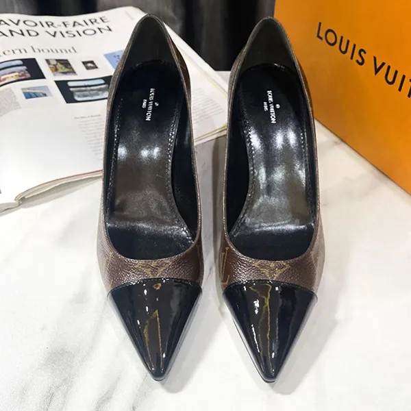Giày Cao Gót Nữ Louis Vuitton LV Brown Monogram Canvas And Patent Leather Chérie Pumps Màu Nâu Đen Size 37 - Giày - Vua Hàng Hiệu