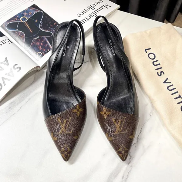 Giày Cao Gót Nữ Louis Vuitton LV Slingback Mono Mixed Black Màu Nâu Đen Size 34