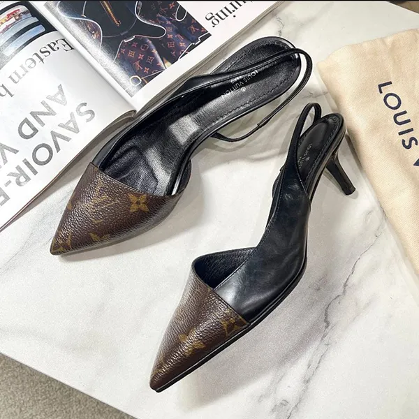 Giày Cao Gót Nữ Louis Vuitton LV Slingback Mono Mixed Black Màu Nâu Đen Size 34