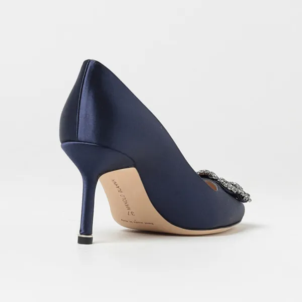 Giày Cao Gót Nữ Manolo Blahnik Hangisi Pumps In Satin With Jewel Buckle Màu Xanh Navy Size 37.5