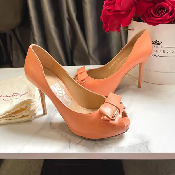 Giày Cao Gót Nữ Salvatore Ferragamo Coral Leather Shoes Màu Cam - Giày - Vua Hàng Hiệu