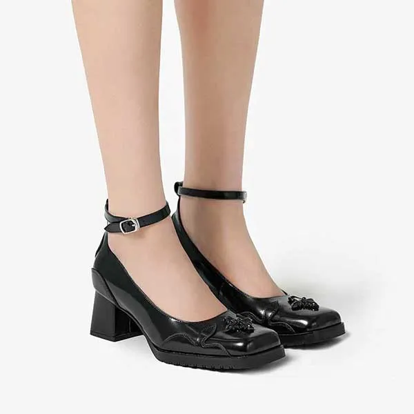 Giày Cao Gót Nữ SMFK Black Leather With Logo Embroidered SH001B Màu Đen