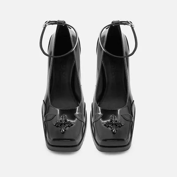Giày Cao Gót Nữ SMFK Black Leather With Logo Embroidered SH001B Màu Đen