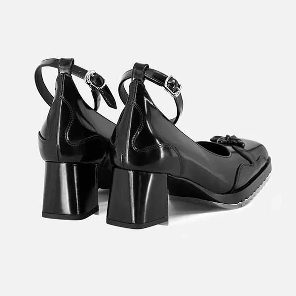 Giày Cao Gót Nữ SMFK Black Leather With Logo Embroidered SH001B Màu Đen