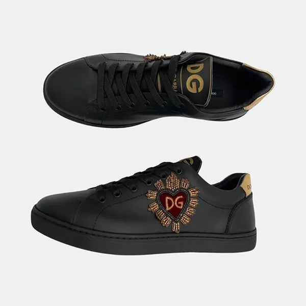 Giày Sneaker Nam Dolce & Gabbana D&G Black With Heart Logo Embroidered CS1640 Màu Đen Size 40