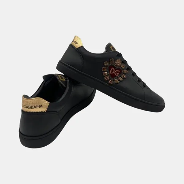 Giày Sneaker Nam Dolce & Gabbana D&G Black With Heart Logo Embroidered CS1640 Màu Đen Size 40