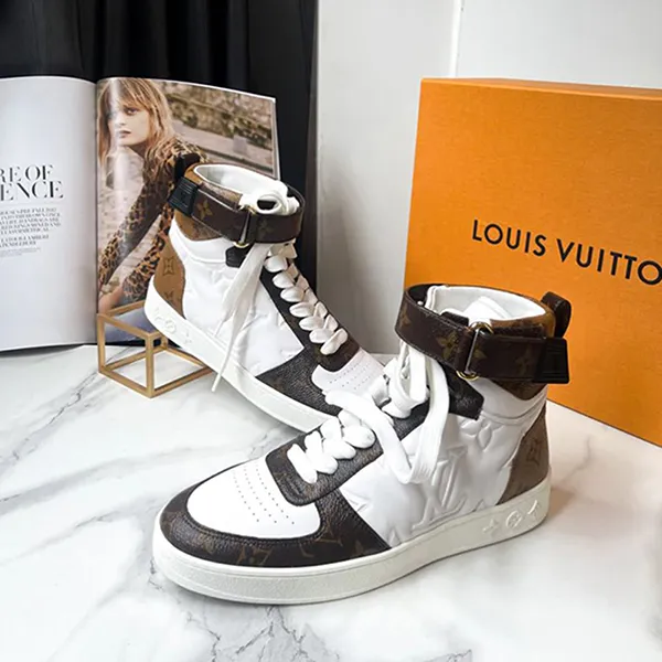 Giày Sneaker Nữ Louis Vuitton LV Boonbox Line High Shoes Leather 1A7RN1 Màu Trắng Nâu Size 38.5