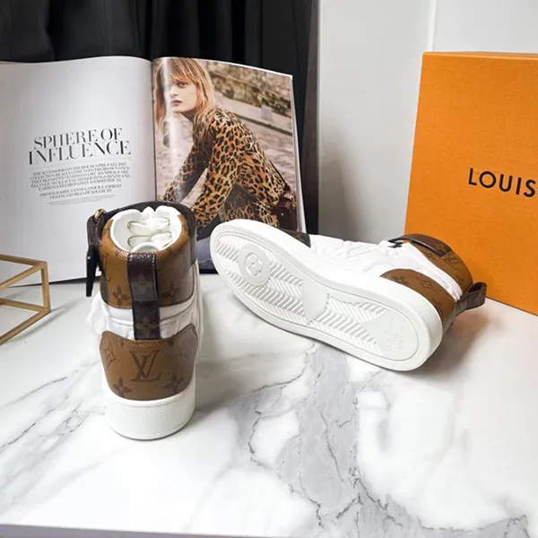 Giày Sneaker Nữ Louis Vuitton LV Boonbox Line High Shoes Leather 1A7RN1 Màu Trắng Nâu Size 38.5