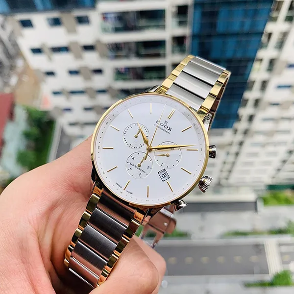 Đồng Hồ Nam Edox Les Vauberts Chronograph Quartz 10409-357JA-AID Màu Trắng Vàng
