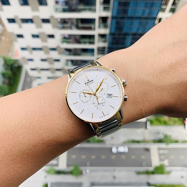 Đồng Hồ Nam Edox Les Vauberts Chronograph Quartz 10409-357JA-AID Màu Trắng Vàng