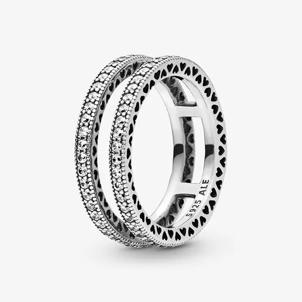 Nhẫn Nữ Pandora Double Sparkle And Hearts Ring 196236CZ Màu Bạc Trắng Size 54