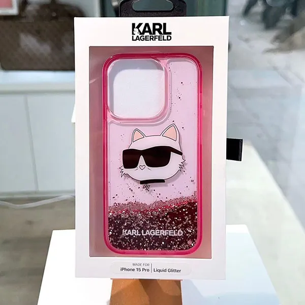 Ốp Điện Thoại Karl Lagerfeld iPhone 15 Pro Hardcase Glitter Choupette Head Màu Hồng