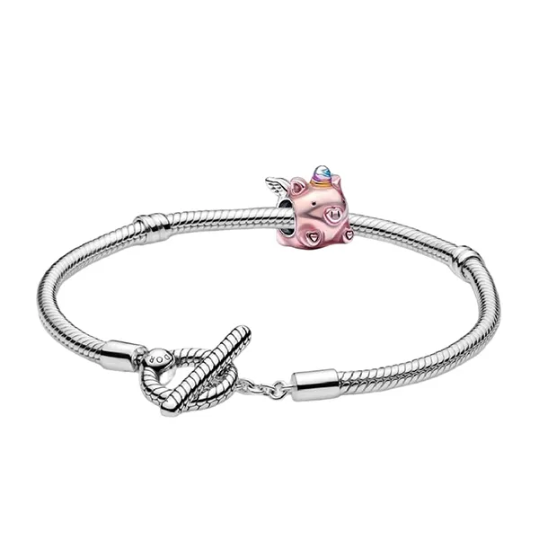 Set Vòng Đeo Tay + Hạt Vòng Charm Nữ Pandora 599082C00/792573C01 Màu Bạc/Hồng Size 17