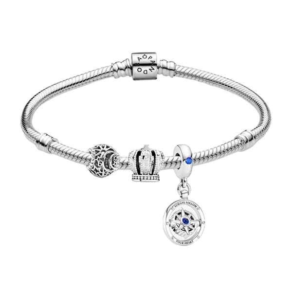 Set Vòng Đeo Tay + Hạt Vòng Charm Pandora Hình La Bàn Và Vương Miện Màu Bạc - Trang sức - Vua Hàng Hiệu